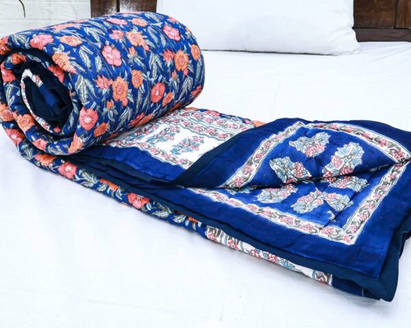 Traditional Handblock Printed Rectangle Quilt with Vibrant Colors - Image 6