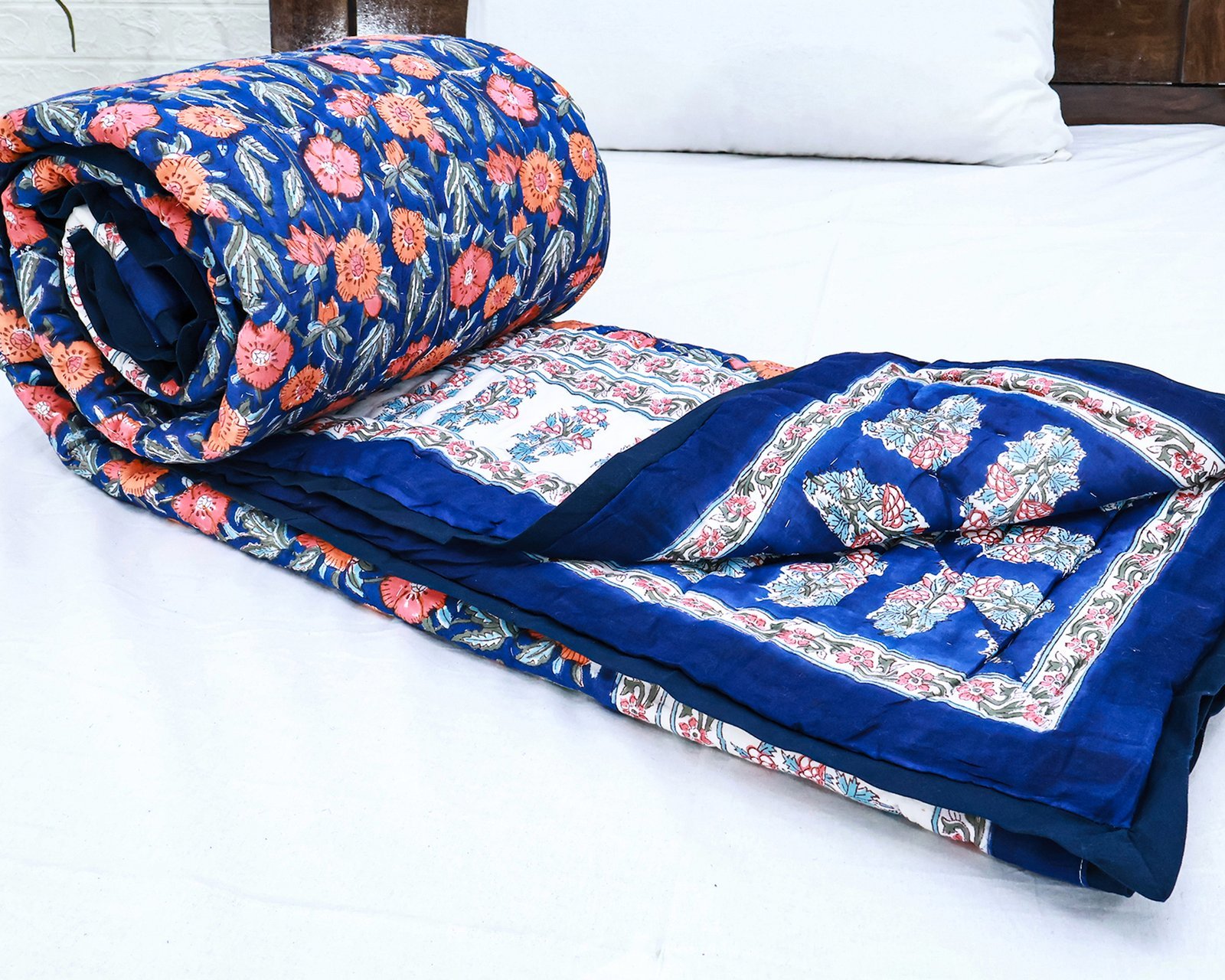 Traditional Handblock Printed Rectangle Quilt with Vibrant Colors - Image 6