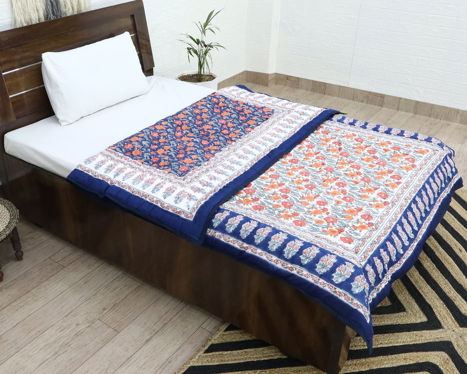 Traditional Handblock Printed Rectangle Quilt with Vibrant Colors - Image 7