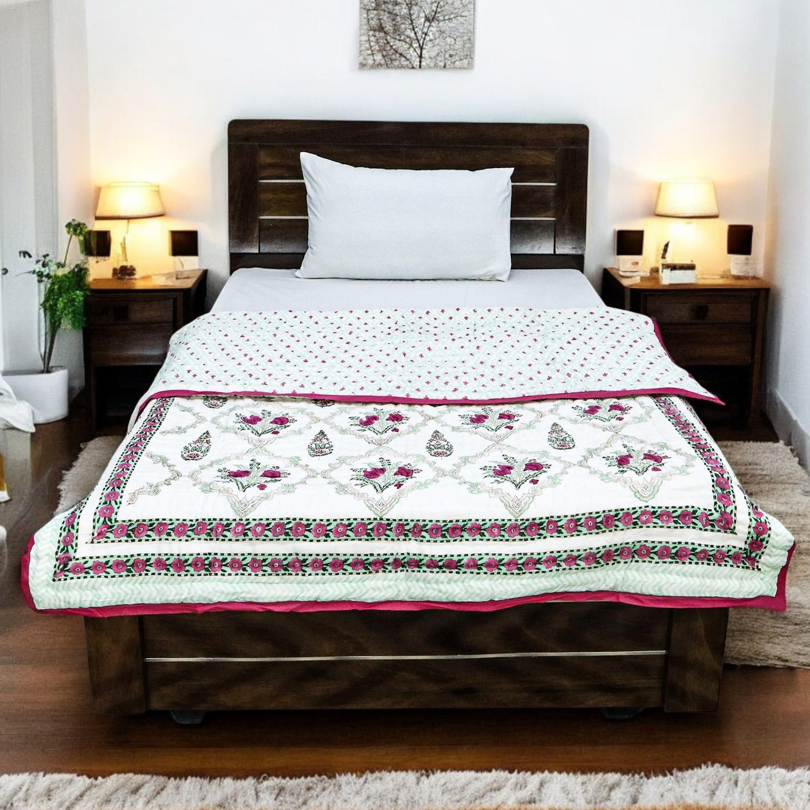 Traditional Handblock Printed Square Quilt for Double Beds