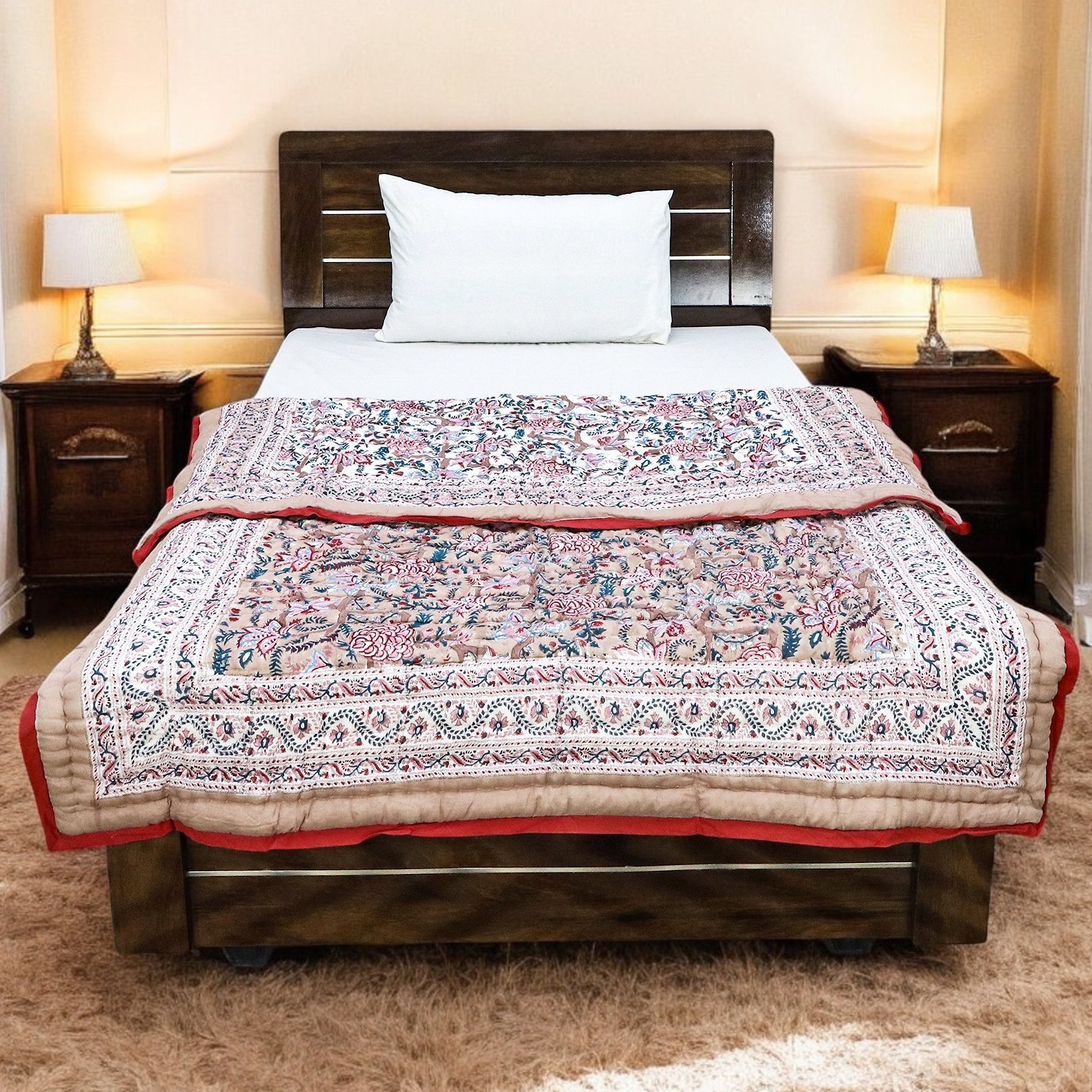 Exclusive Handblock Printed Rectangle Quilt for Single Beds