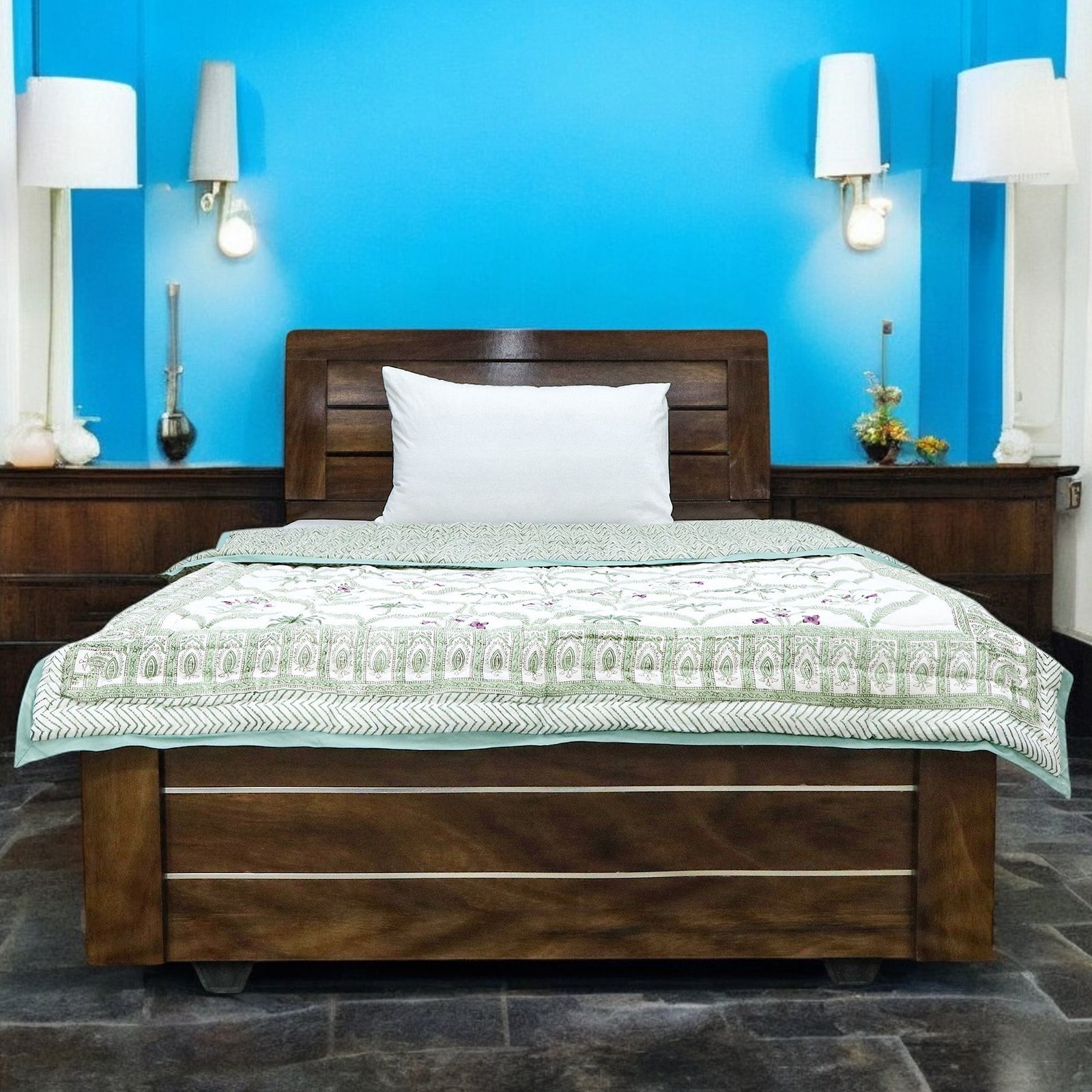 Modern Handblock Printed Rectangle Quilt for Housewarming Gifts