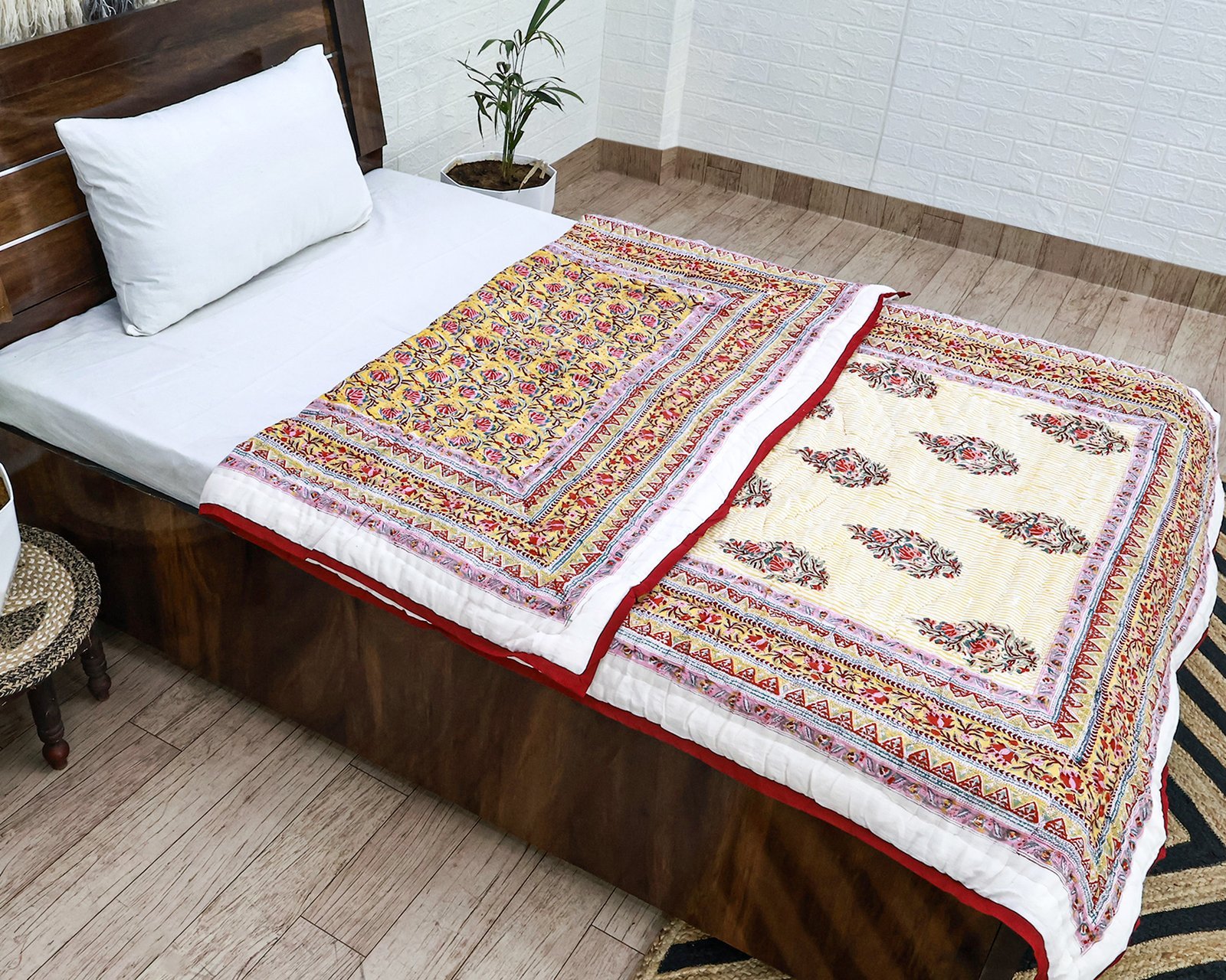 キルティングブランケット ブロックプリントキルト / コットン入り掛け布団 - Image 3