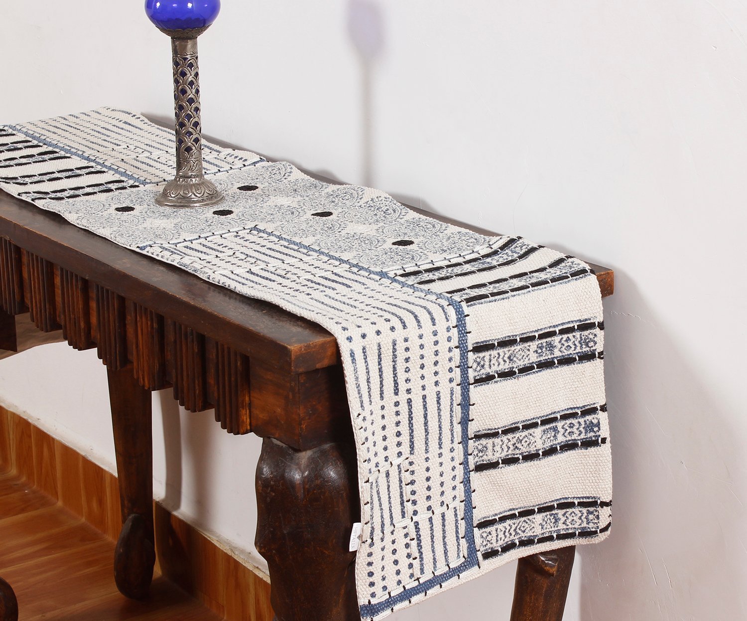 Black And White Luxury Block Printed Cotton Runner For Home Decor - Image 5