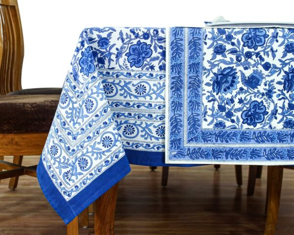 インド 木版染め(ブロックプリント) テーブルクロス ブルー系 花柄 プレゼント アジアン インド更紗 インド綿 ハンドメイド エスニック インテリア コットン - Image 7
