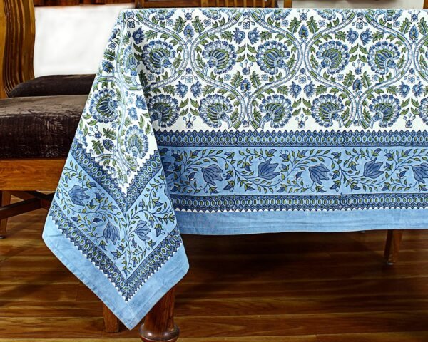 インド 木版染め(ブロックプリント) テーブルクロス ブルー 花柄 プレゼント アジアン インド更紗 インド綿 ハンドメイド エスニック インテリア コットン - Image 7