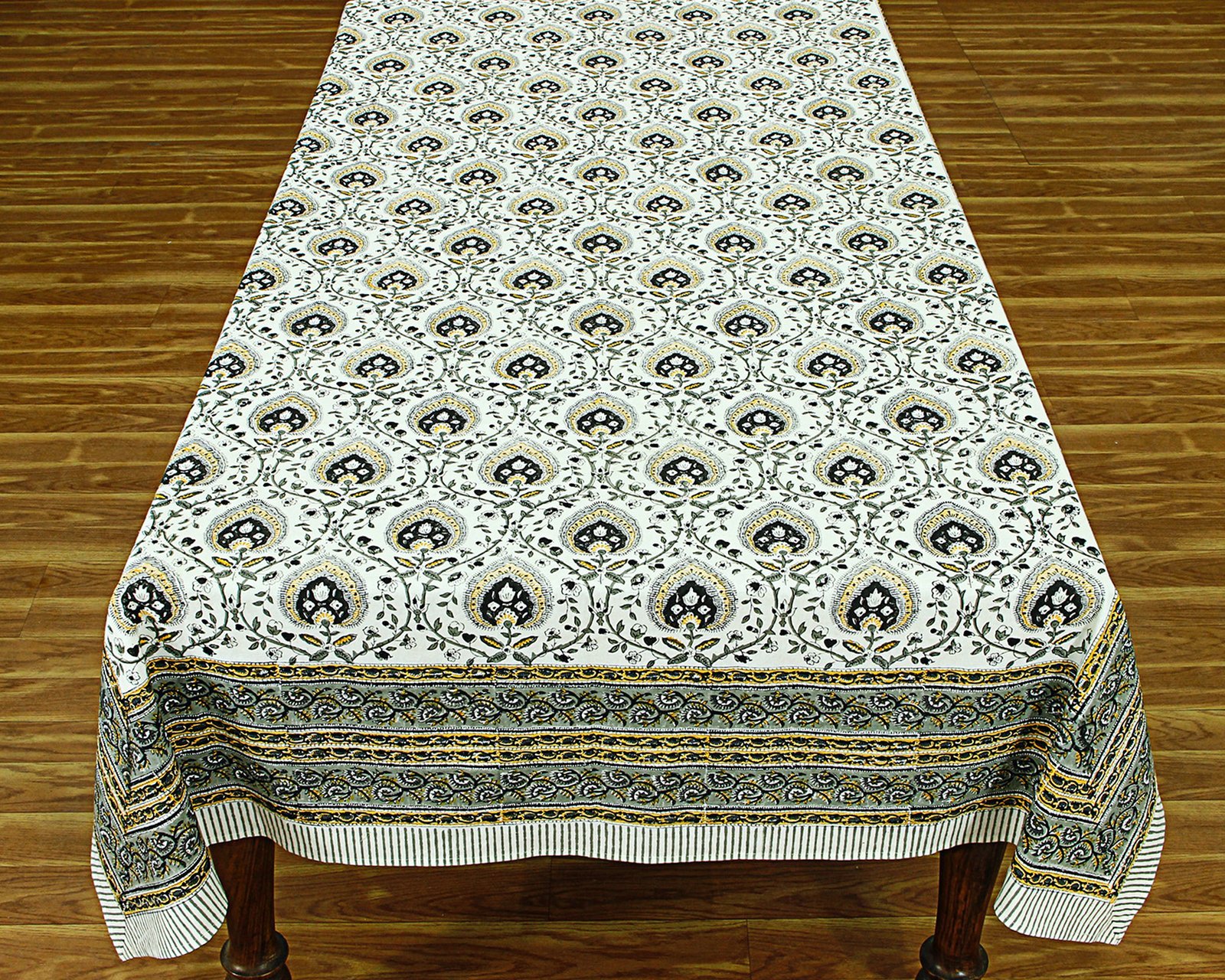 インド 木版染め(ブロックプリント) テーブルクロス グリーン花柄 プレゼント アジアン インド更紗 インド綿 ハンドメイド エスニック インテリア コットン - Image 6
