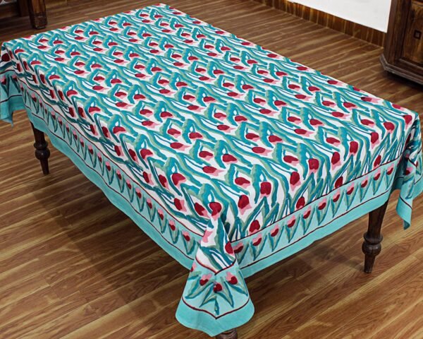 インド 木版染め(ブロックプリント) テーブルクロス レッド花柄 プレゼント アジアンインド更紗 インド綿 ハンドメイド エスニック インテリア コットン - Image 4