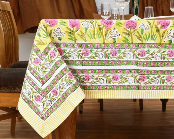 インド 木版染め(ブロックプリント) テーブルクロス アジアン インド更紗 インド綿 ハンドメイド エスニック コットンピンクプラント - Image 3