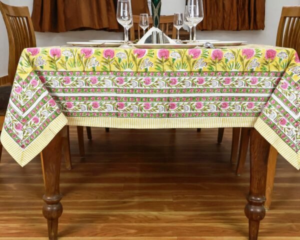インド 木版染め(ブロックプリント) テーブルクロス アジアン インド更紗 インド綿 ハンドメイド エスニック コットンピンクプラント - Image 4