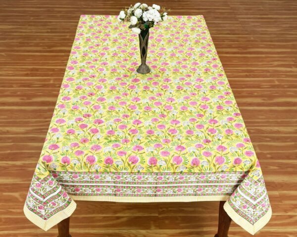 インド 木版染め(ブロックプリント) テーブルクロス アジアン インド更紗 インド綿 ハンドメイド エスニック コットンピンクプラント - Image 5