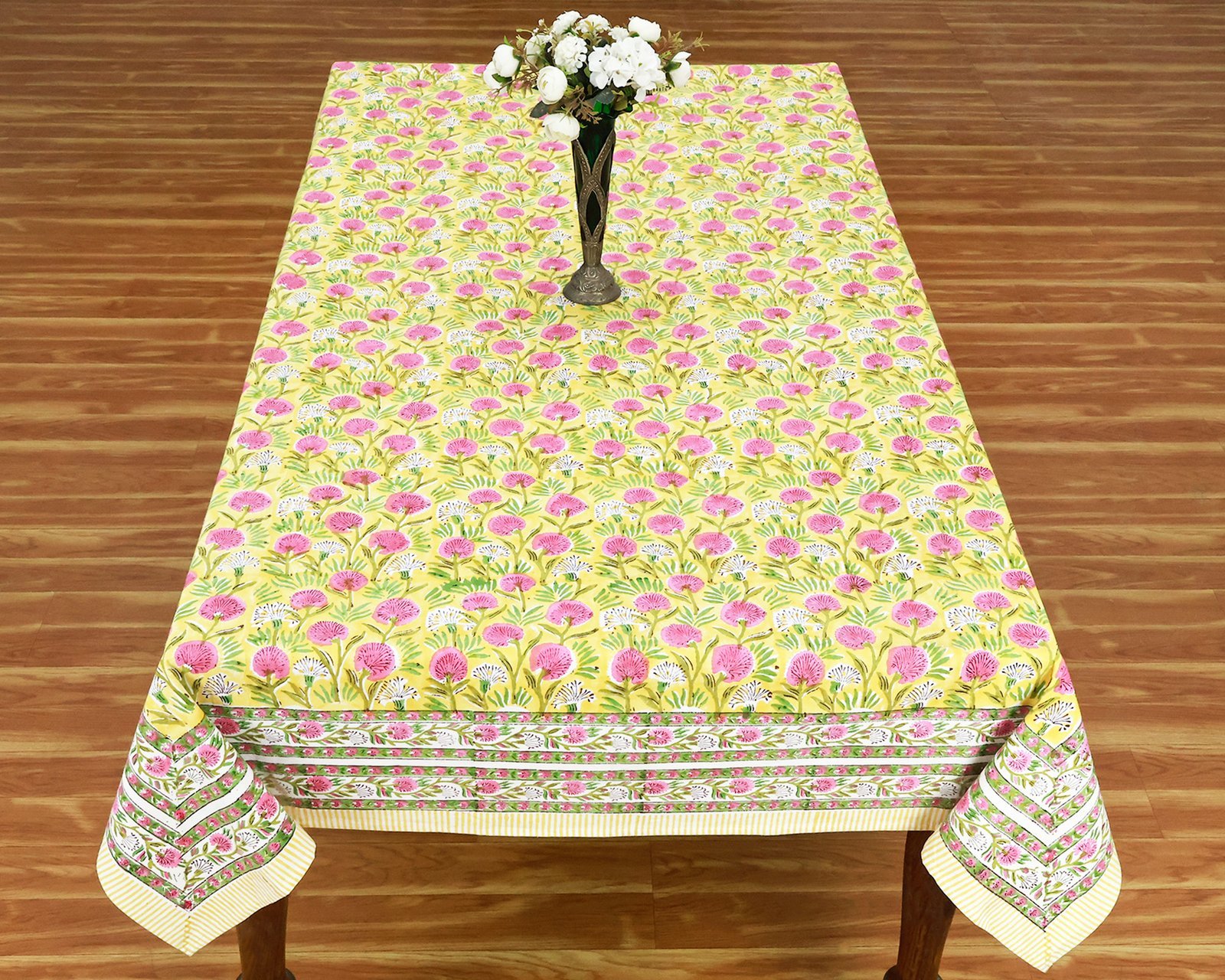 インド 木版染め(ブロックプリント) テーブルクロス アジアン インド更紗 インド綿 ハンドメイド エスニック コットンピンクプラント - Image 5