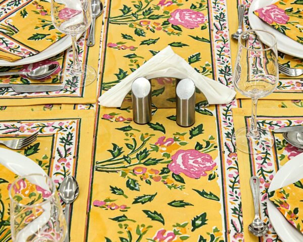 インド 木版染め(ブロックプリント) テーブルクロス イエロー花柄 プレゼント アジアン インド更紗 インド綿 ハンドメイド エスニック インテリア コットン - Image 7
