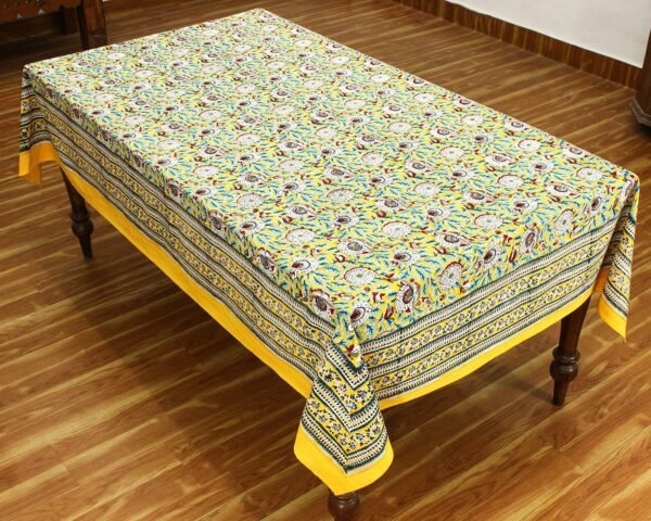 インド 木版染め(ブロックプリント) テーブルクロス イエロー花柄 プレゼント アジアン インド更紗 インド綿 ハンドメイド エスニック インテリア コットン - Image 3