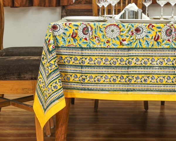 インド 木版染め(ブロックプリント) テーブルクロス イエロー花柄 プレゼント アジアン インド更紗 インド綿 ハンドメイド エスニック インテリア コットン - Image 6