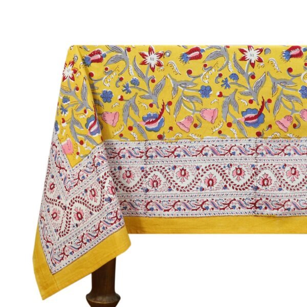 インド 木版染め(ブロックプリント) テーブルクロス イエロー花柄 プレゼント アジアン インド更紗 インド綿 ハンドメイド エスニック インテリア コットン