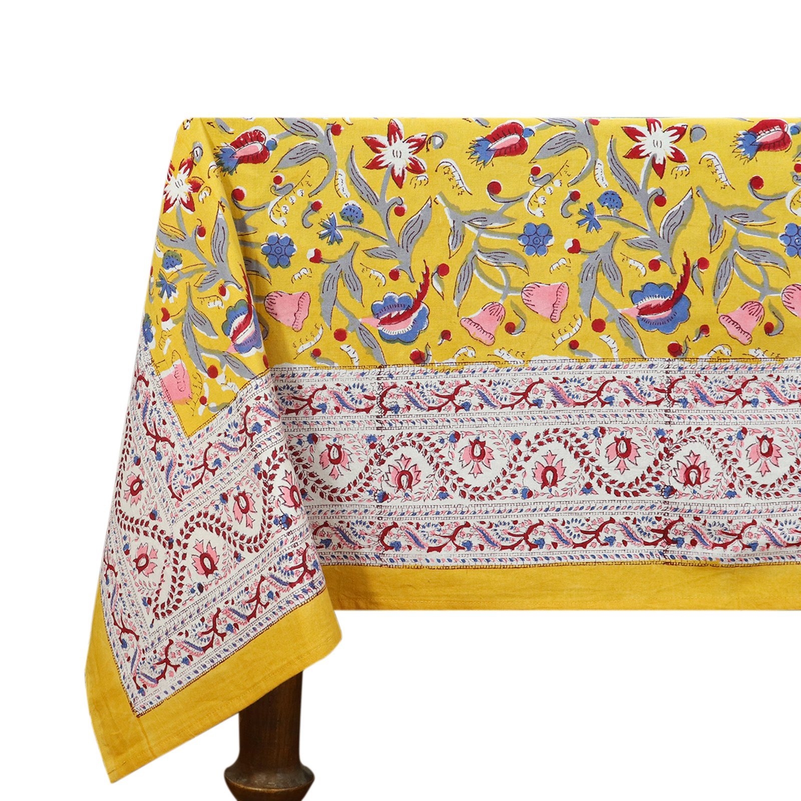 インド 木版染め(ブロックプリント) テーブルクロス イエロー花柄 プレゼント アジアン インド更紗 インド綿 ハンドメイド エスニック インテリア コットン