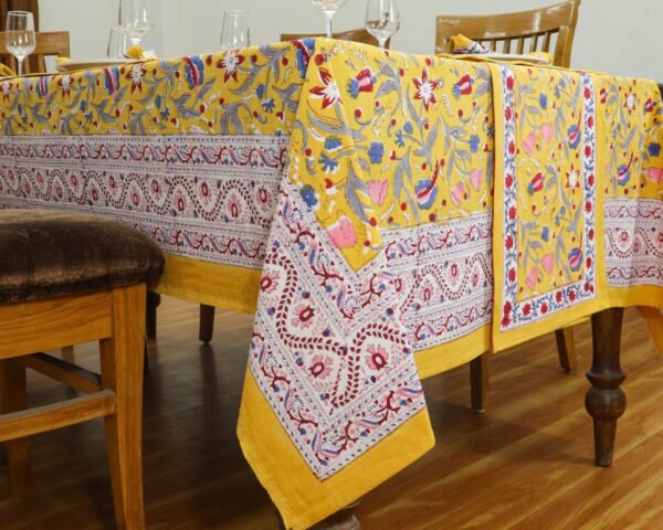 インド 木版染め(ブロックプリント) テーブルクロス イエロー花柄 プレゼント アジアン インド更紗 インド綿 ハンドメイド エスニック インテリア コットン - Image 2