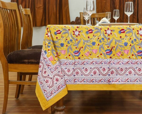 インド 木版染め(ブロックプリント) テーブルクロス イエロー花柄 プレゼント アジアン インド更紗 インド綿 ハンドメイド エスニック インテリア コットン - Image 3