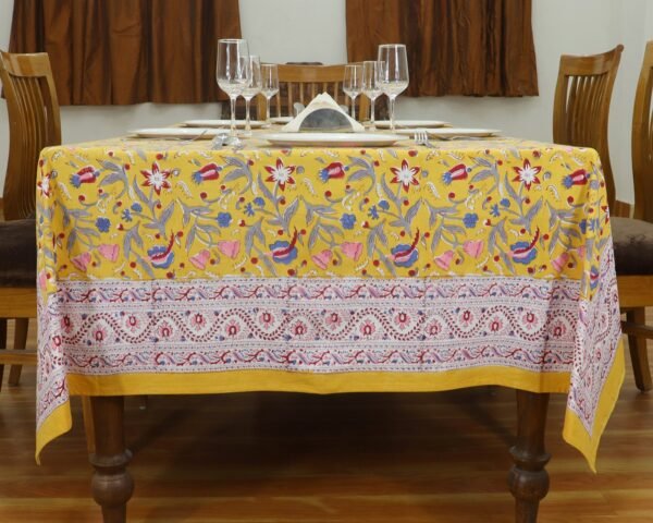 インド 木版染め(ブロックプリント) テーブルクロス イエロー花柄 プレゼント アジアン インド更紗 インド綿 ハンドメイド エスニック インテリア コットン - Image 4