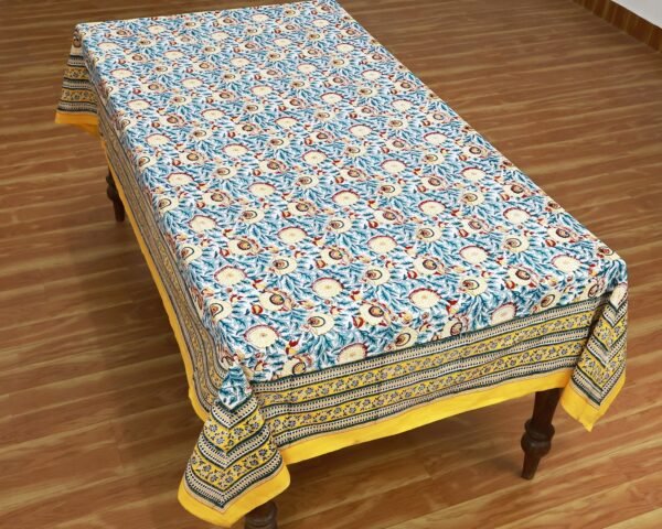 インド 木版染め(ブロックプリント) テーブルクロス ブルー系 花柄 プレゼント アジアン インド更紗 インド綿 ハンドメイド エスニック インテリア コットン - Image 6