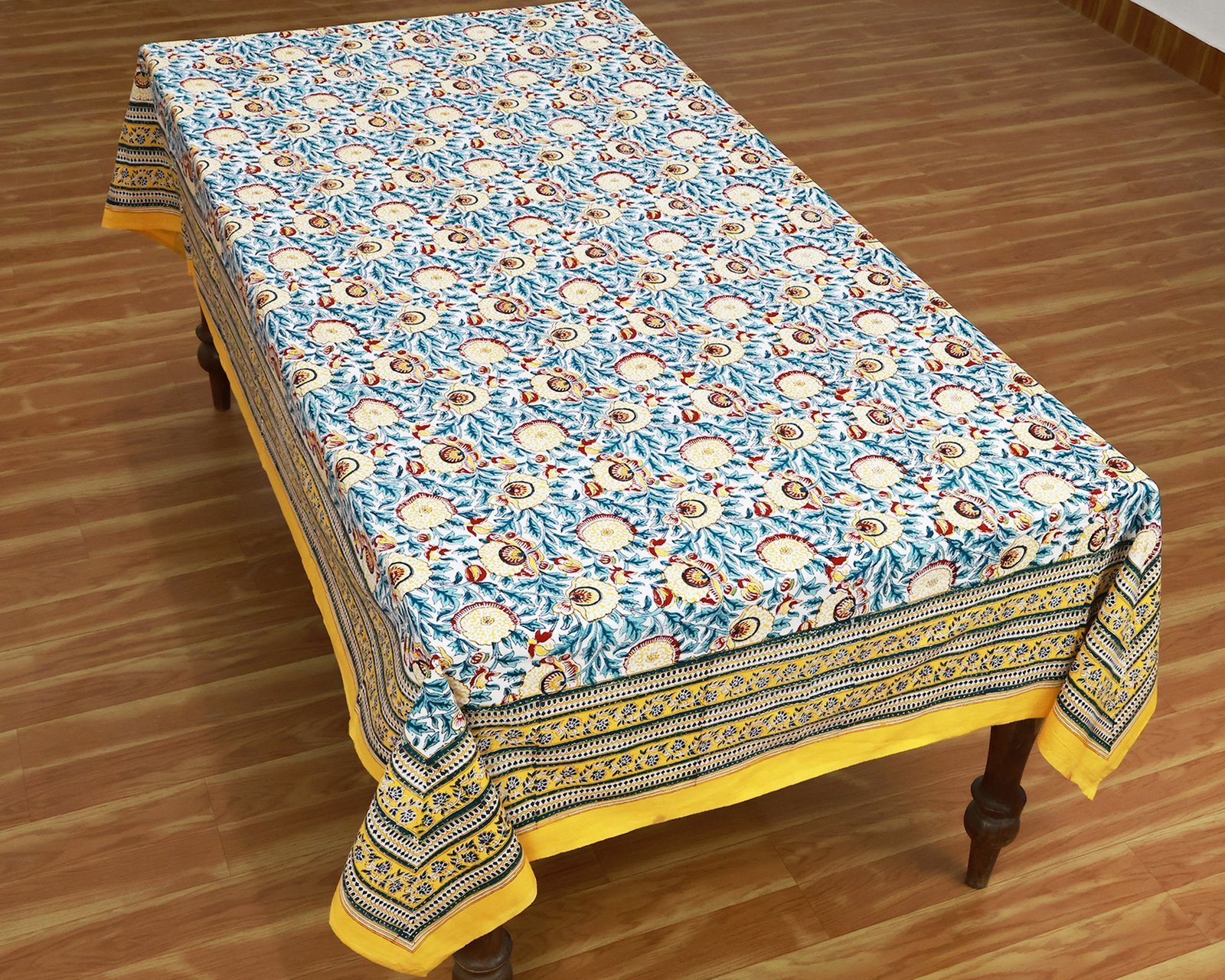 インド 木版染め(ブロックプリント) テーブルクロス ブルー系 花柄 プレゼント アジアン インド更紗 インド綿 ハンドメイド エスニック インテリア コットン - Image 6
