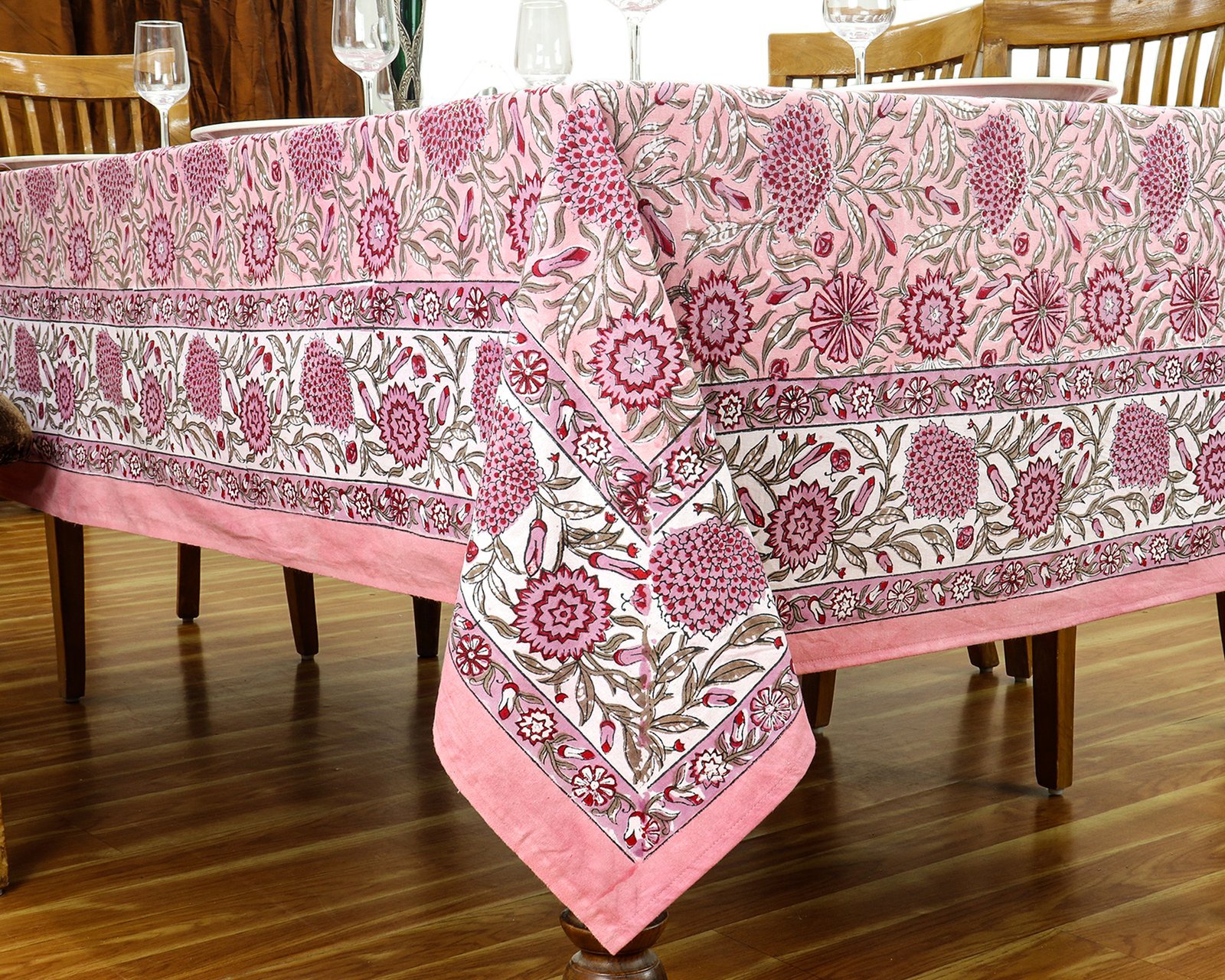 インド 木版染め(ブロックプリント) テーブルクロス ピンクプラント 花柄 プレゼント アジアン インド更紗 インド綿 ハンドメイド エスニック インテリア コットン - Image 4