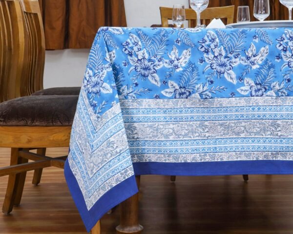 インド 木版染め(ブロックプリント) テーブルクロス ブルー系 花柄 プレゼント アジアン インド更紗 インド綿 ハンドメイド エスニック インテリア コットン - Image 4