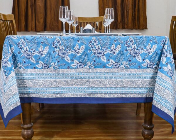 インド 木版染め(ブロックプリント) テーブルクロス ブルー系 花柄 プレゼント アジアン インド更紗 インド綿 ハンドメイド エスニック インテリア コットン - Image 6