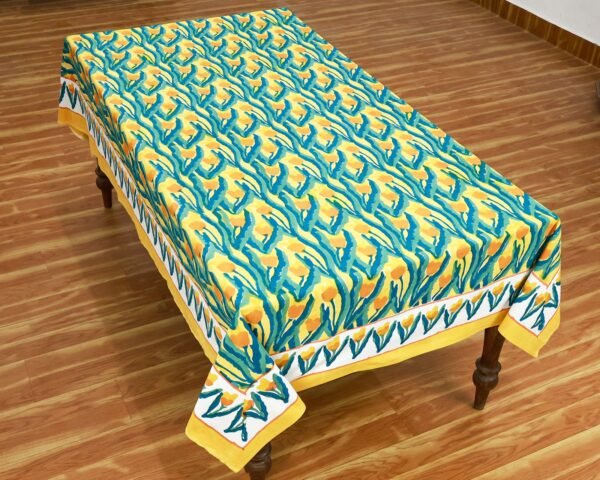 インド 木版染め(ブロックプリント) テーブルクロス イエローフラワー 花柄 プレゼント アジアン インド更紗 インド綿 ハンドメイド エスニック インテリア コットン - Image 3
