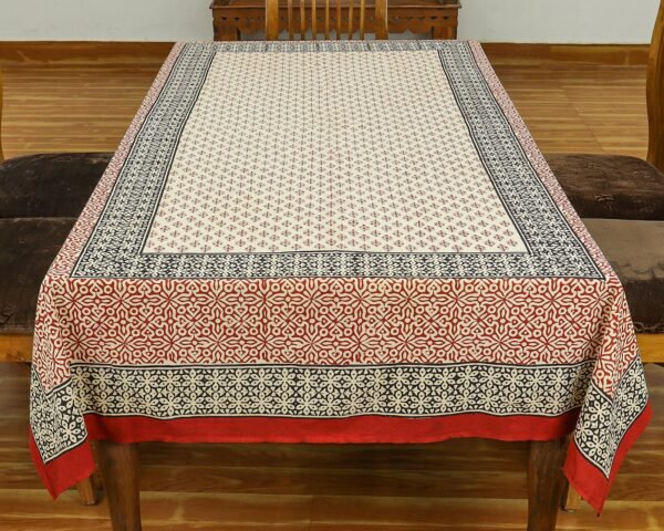 インド 木版染め(ブロックプリント) テーブルクロス レッド花柄 プレゼント アジアンインド更紗 インド綿 ハンドメイド エスニック インテリア コットン - Image 5