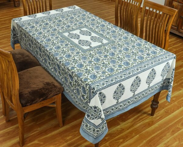 インド 木版染め(ブロックプリント) テーブルクロス グリーンとブルー プレゼント アジアンインド更紗 インド綿 ハンドメイド エスニック インテリア コットン - Image 4