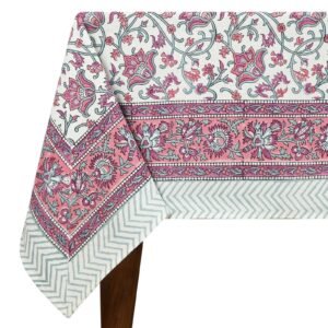 インド 木版染め(ブロックプリント) テーブルクロス ピンクプラント 花柄 プレゼント アジアン インド更紗 インド綿 ハンドメイド エスニック インテリア コットン インド 木版染め(ブロックプリント) テーブルクロス ピンクプラント 花柄 プレゼント アジアン インド更紗 インド綿 ハンドメイド エスニック インテリア コットン