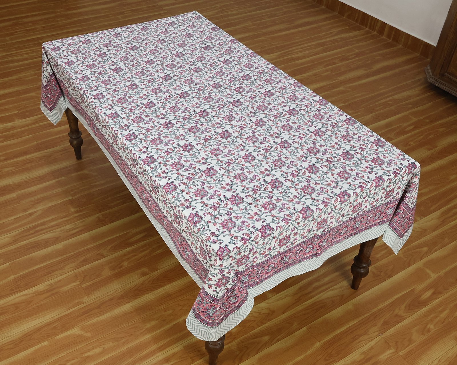 インド 木版染め(ブロックプリント) テーブルクロス ピンクプラント 花柄 プレゼント アジアン インド更紗 インド綿 ハンドメイド エスニック インテリア コットン - Image 3