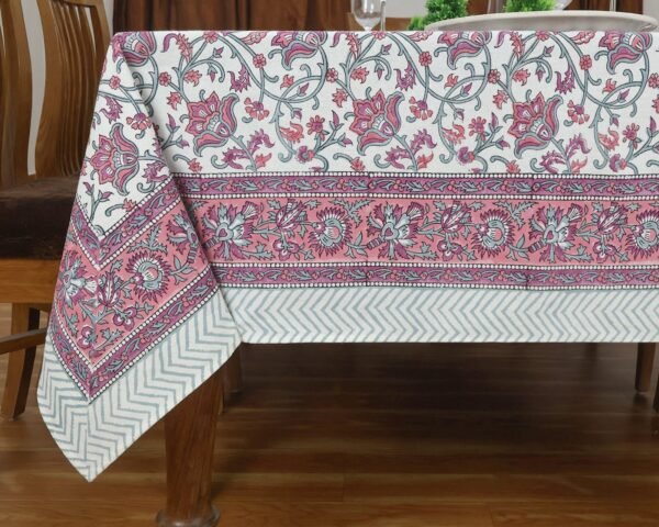 インド 木版染め(ブロックプリント) テーブルクロス ピンクプラント 花柄 プレゼント アジアン インド更紗 インド綿 ハンドメイド エスニック インテリア コットン - Image 7