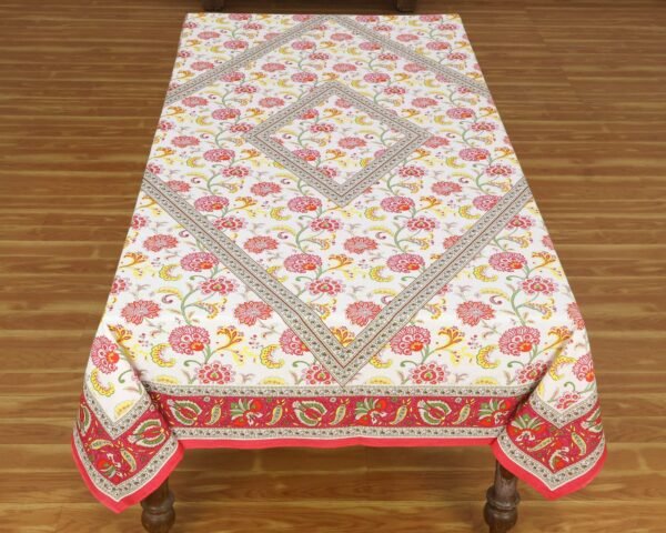マルチクロス インド綿 ブロックプリントレッドと白おしゃれ かわいい 花柄 テーブルクロス ソファカバー シングルベッドカバー エシカル ハンドメイド インド雑貨 アジア雑貨 ボタニカル - Image 4
