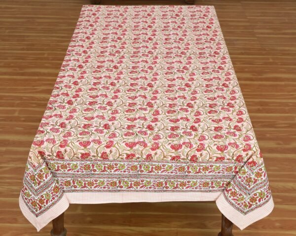 インド 木版染め(ブロックプリント) テーブルクロス レッド花柄 プレゼント アジアンインド更紗 インド綿 ハンドメイド エスニック インテリア コットン - Image 5