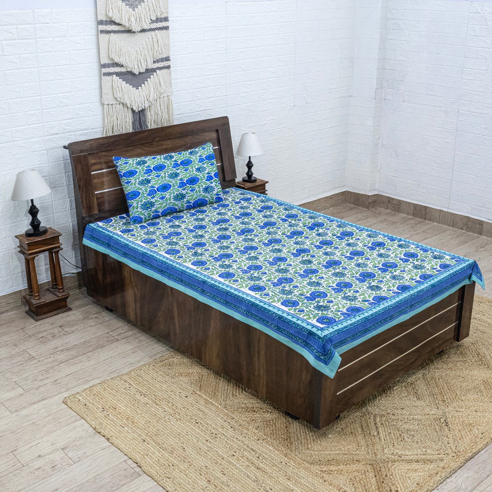 インド 木版染め ベッドカバー 花柄 サンガネールプレゼント アジアン クリスマス シーチング ブロックプリント インド更紗 インド綿 マルチカバー 長方形 インテリア コットン - Image 2