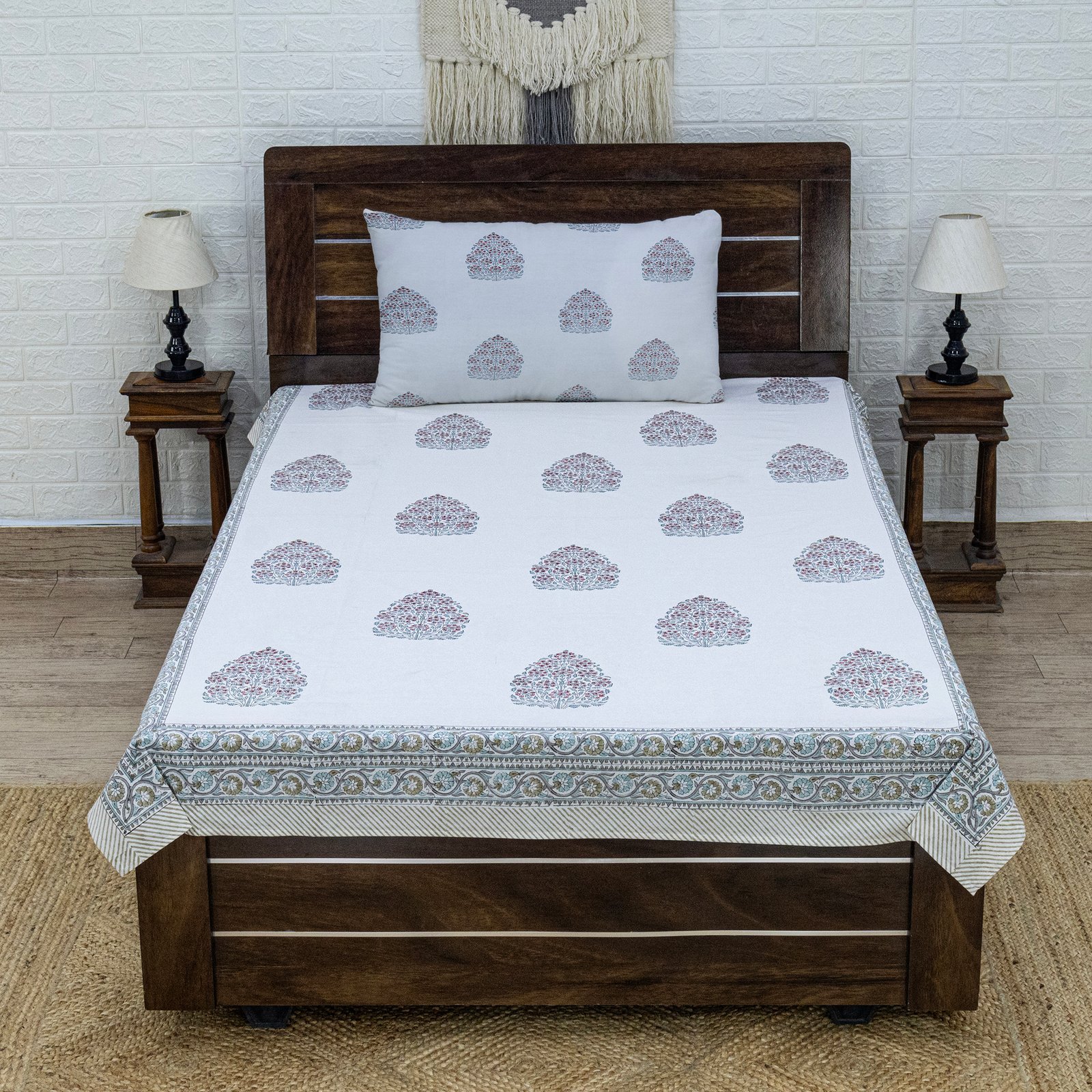 インド 木版染め ベッドカバー 花柄 サンガネールプレゼント アジアン クリスマス シーチング ブロックプリント インド更紗 インド綿 マルチカバー 長方形 インテリア コットン