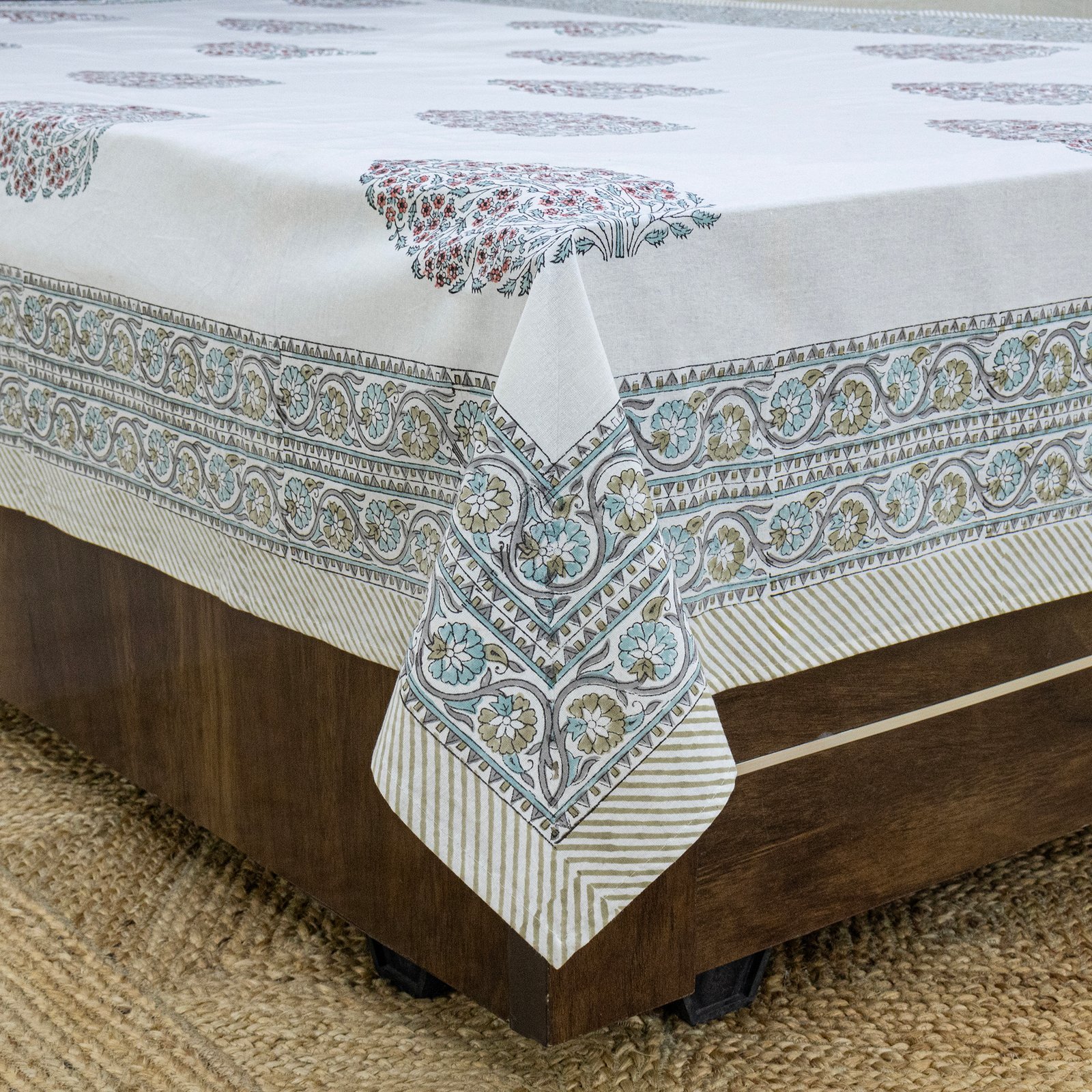 インド 木版染め ベッドカバー 花柄 サンガネールプレゼント アジアン クリスマス シーチング ブロックプリント インド更紗 インド綿 マルチカバー 長方形 インテリア コットン - Image 2