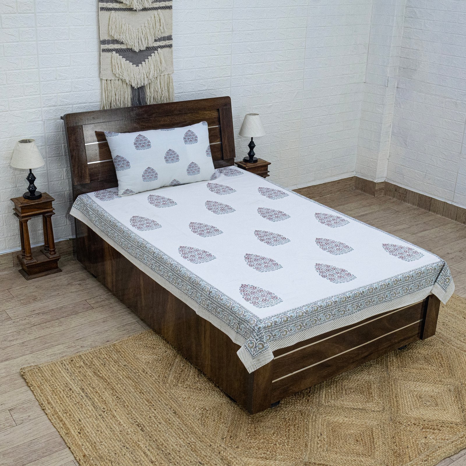 インド 木版染め ベッドカバー 花柄 サンガネールプレゼント アジアン クリスマス シーチング ブロックプリント インド更紗 インド綿 マルチカバー 長方形 インテリア コットン - Image 6