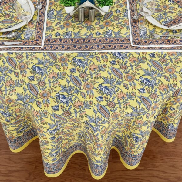 インド 木版染め(ブロックプリント) ラウンドクロスイエロー 花柄 プレゼント アジアン インド更紗 インド綿 ハンドメイド エスニック インテリア コ - Image 5
