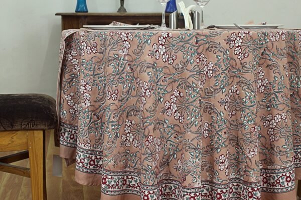 インド 木版染め(ブロックプリント) テーブルクロス 花柄 プレゼント アジアンインド更紗 インド綿 ハンドメイド エスニック インテリア コットン - Image 2