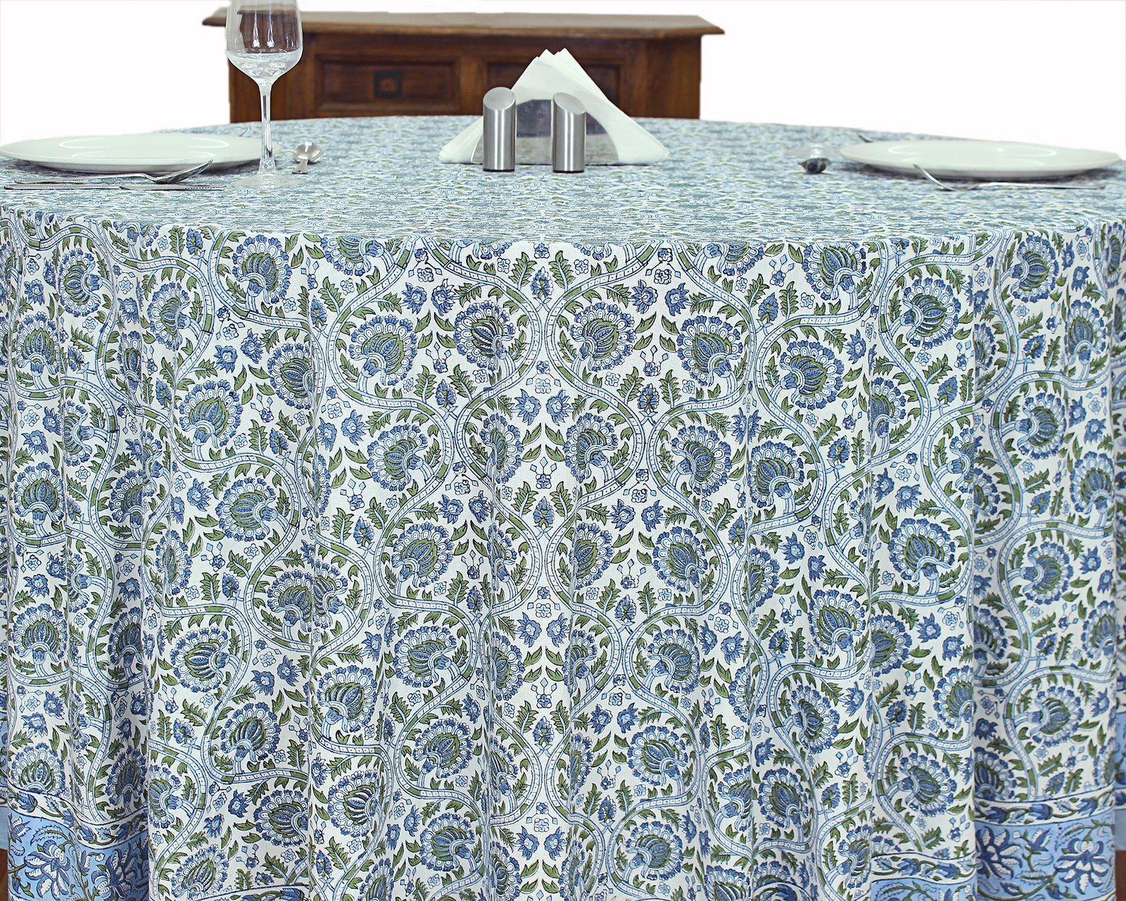 ラウンドクロス 円形クロス テーブルクロス インド綿 コットン エスニック ハンドメイド おしゃれ かわいい ブロックプリント ボタニカル柄 ブルーと白プリント - Image 2