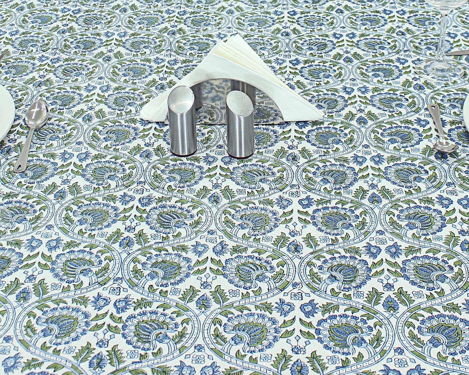 ラウンドクロス 円形クロス テーブルクロス インド綿 コットン エスニック ハンドメイド おしゃれ かわいい ブロックプリント ボタニカル柄 ブルーと白プリント - Image 5