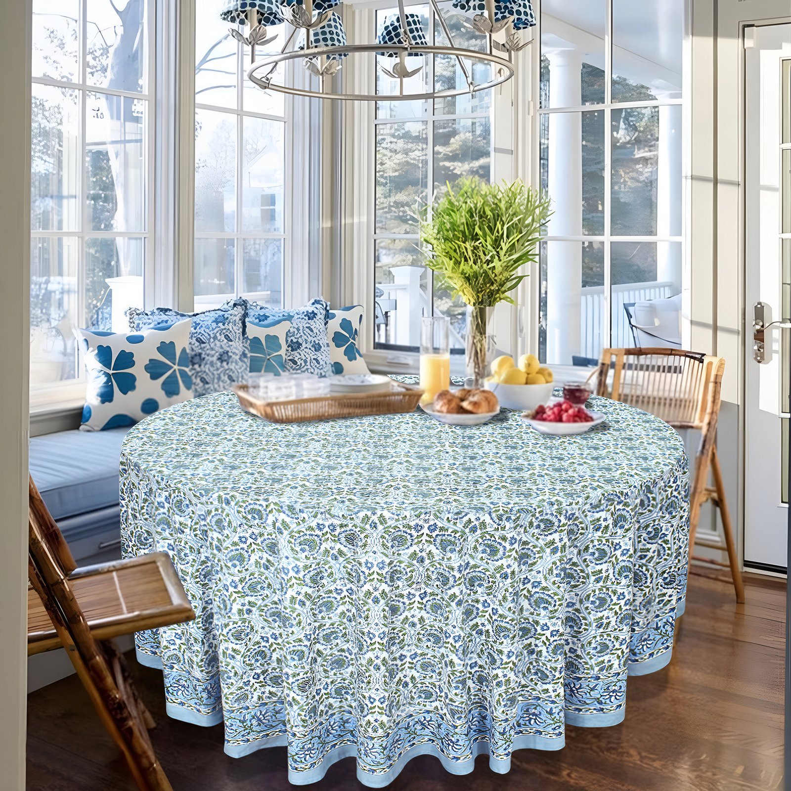 ラウンドクロス 円形クロス テーブルクロス インド綿 コットン エスニック ハンドメイド おしゃれ かわいい ブロックプリント ボタニカル柄 ブルーと白プリント - Image 6