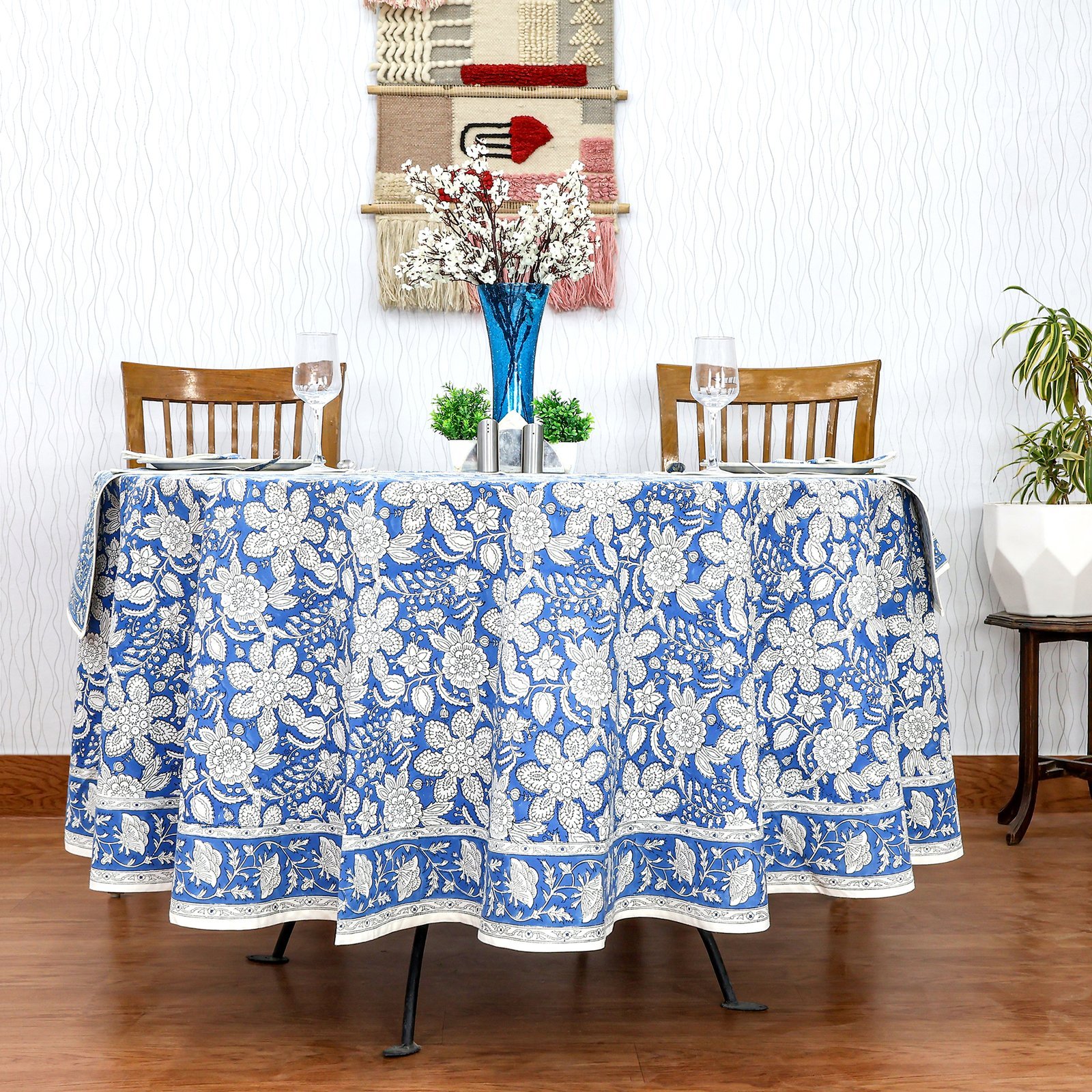 ラウンドクロス 円形クロス テーブルクロス インド綿 コットン エスニック ハンドメイド おしゃれ かわいい ブロックプリント ボタニカル柄 ブルーと白プリント
