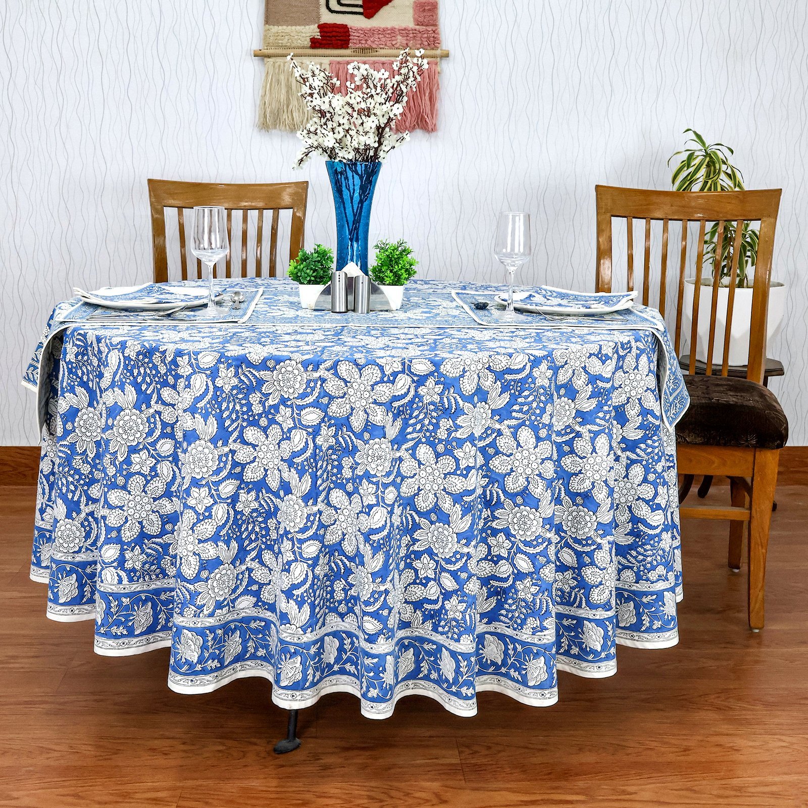 ラウンドクロス 円形クロス テーブルクロス インド綿 コットン エスニック ハンドメイド おしゃれ かわいい ブロックプリント ボタニカル柄 ブルーと白プリント - Image 2