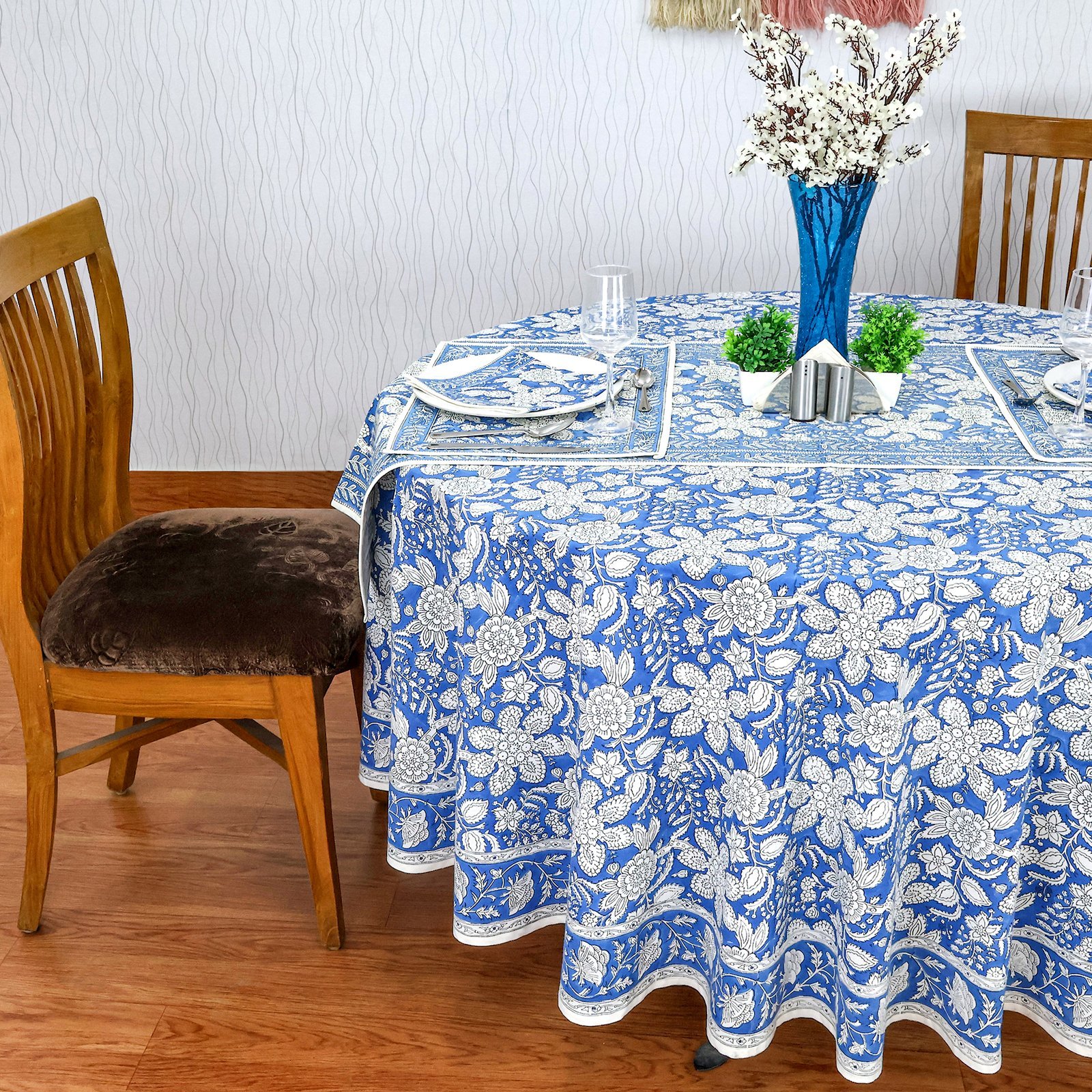 ラウンドクロス 円形クロス テーブルクロス インド綿 コットン エスニック ハンドメイド おしゃれ かわいい ブロックプリント ボタニカル柄 ブルーと白プリント - Image 3