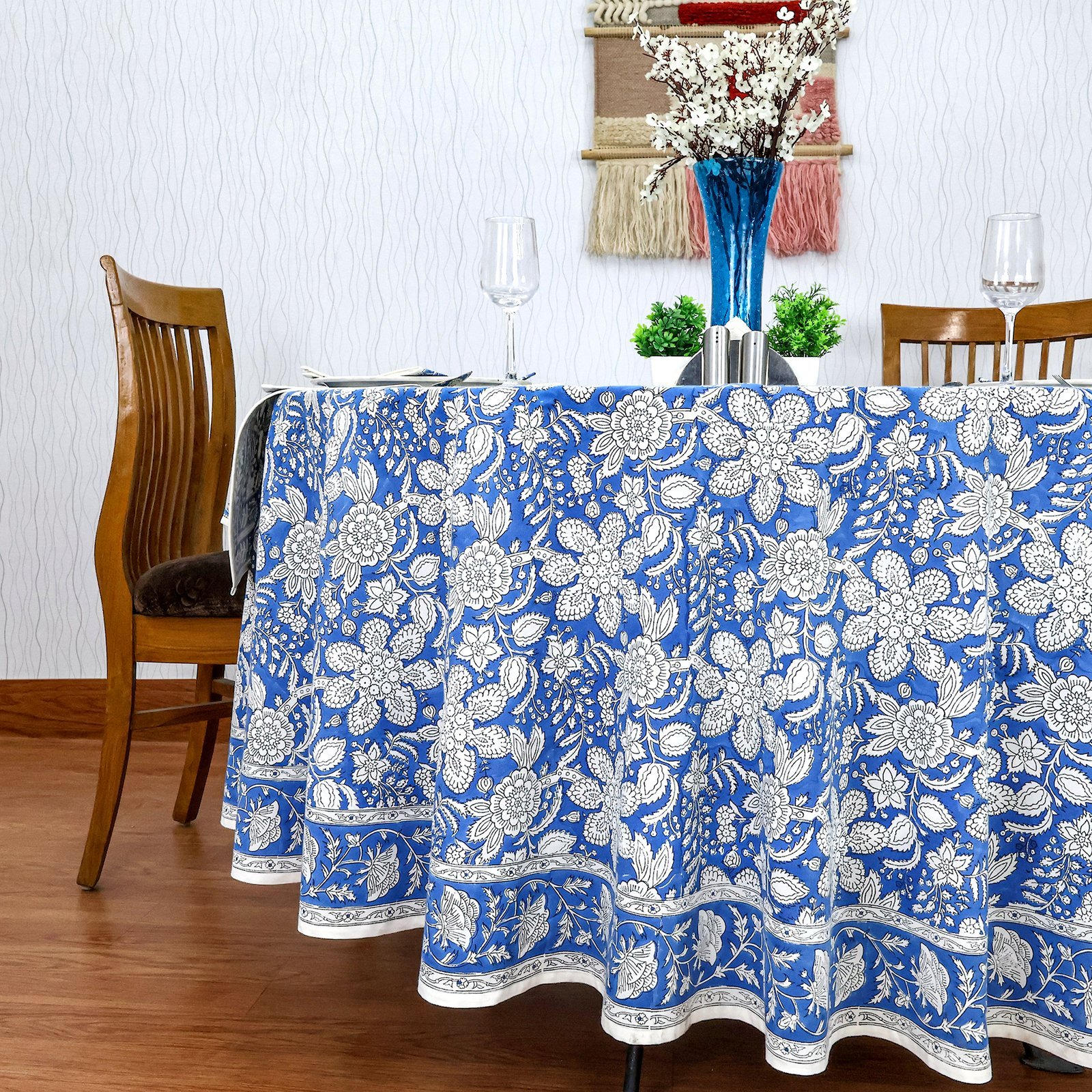 ラウンドクロス 円形クロス テーブルクロス インド綿 コットン エスニック ハンドメイド おしゃれ かわいい ブロックプリント ボタニカル柄 ブルーと白プリント - Image 5